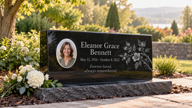 Black granite memorial with a color ceramic portrait, fictional name and dates, engraved remembrance inscription, and floral design in a garden.