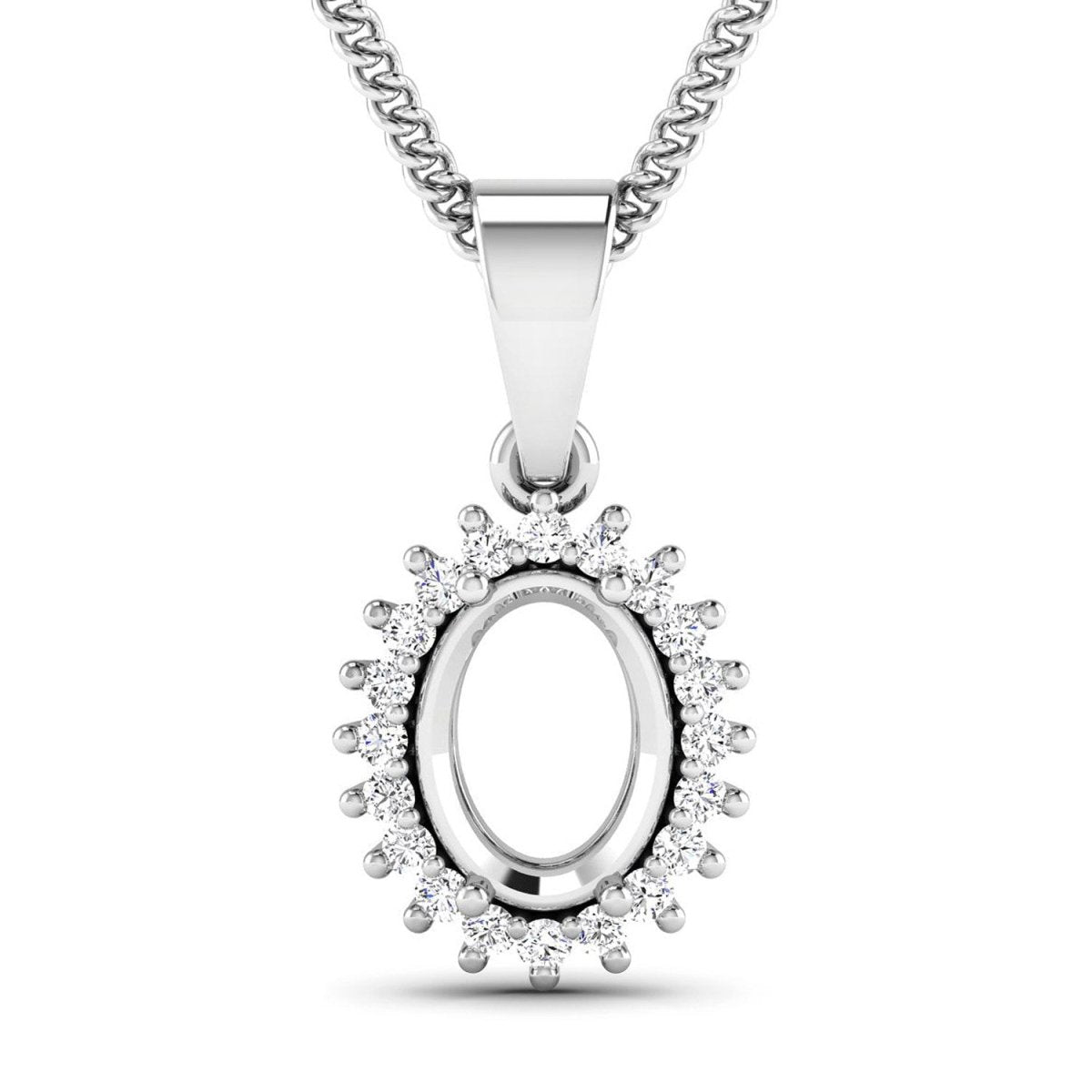 0.13 Carat Genuine White Diamond 14K White Gold Semi Mount Pendant - holds 8x6mm Oval Gemstone - Pendants - Custom Crafting Alliance, LLC