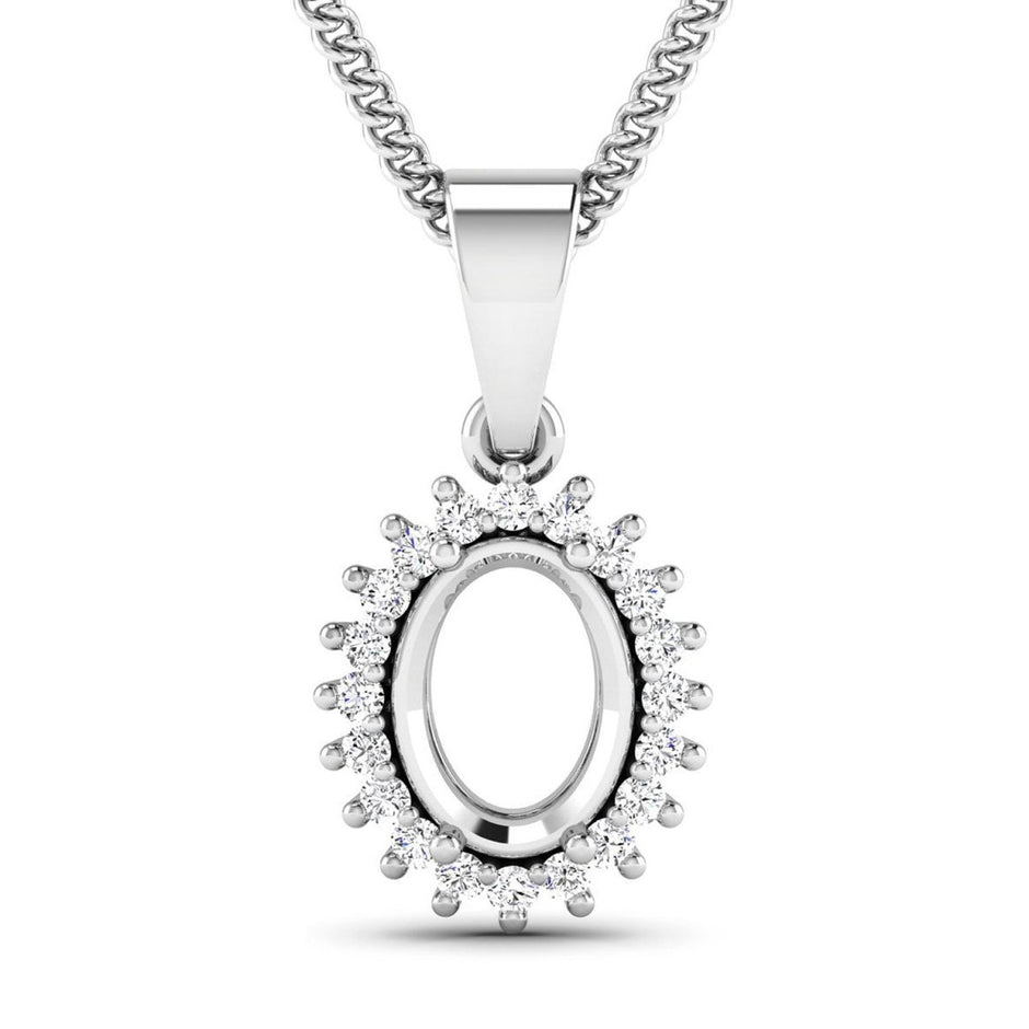 0.13 Carat Genuine White Diamond 14K White Gold Semi Mount Pendant - holds 8x6mm Oval Gemstone - Pendants - Custom Crafting Alliance, LLC