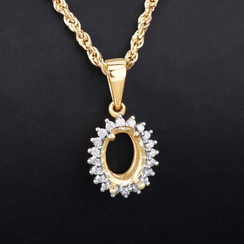 0.13 Carat Genuine White Diamond 14K Yellow Gold Semi Mount Pendant - holds 8x6mm Oval Gemstone - Pendants - Custom Crafting Alliance, LLC