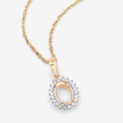 0.13 Carat Genuine White Diamond 14K Yellow Gold Semi Mount Pendant - holds 8x6mm Oval Gemstone - Pendants - Custom Crafting Alliance, LLC