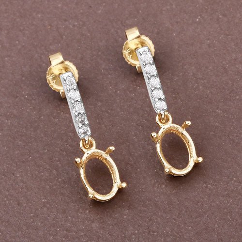 0.14 Carat Genuine White Diamond 14K Yellow Gold Semi Mount Earrings - holds 7x5mm Oval Gemstones - Earrings - Custom Crafting Alliance, LLC