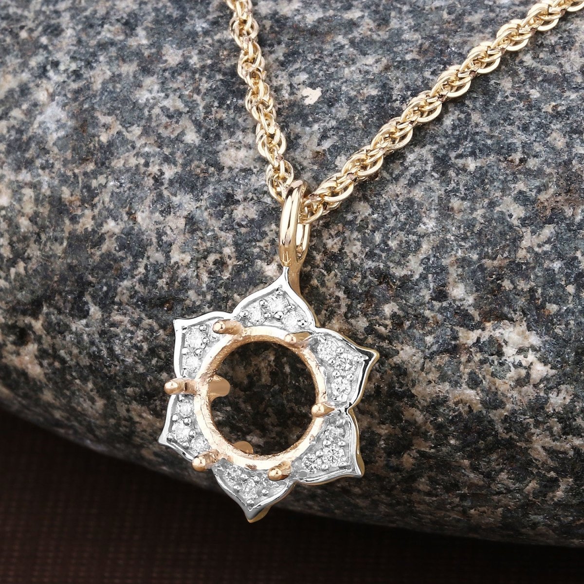 0.14 Carat Genuine White Diamond 14K Yellow Gold Semi Mount Pendant - holds 8.00mm Round Gemstone - Pendants - Custom Crafting Alliance, LLC
