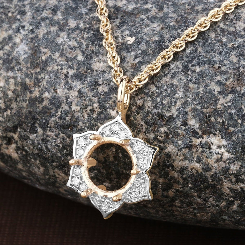 0.14 Carat Genuine White Diamond 14K Yellow Gold Semi Mount Pendant - holds 8.00mm Round Gemstone - Pendants - Custom Crafting Alliance, LLC