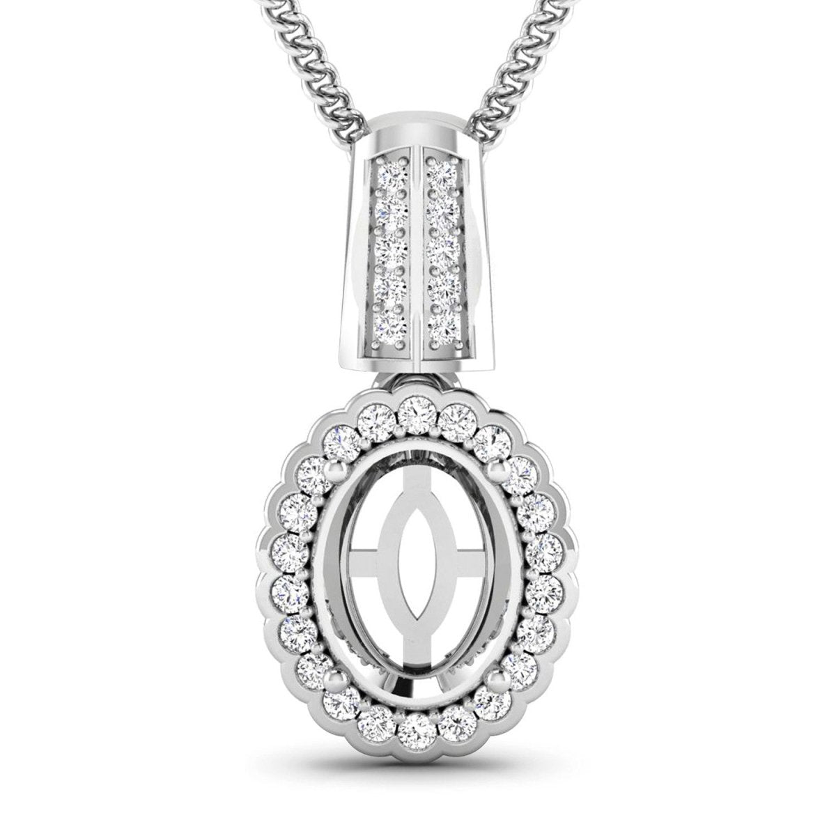 0.22 Carat Genuine White Diamond 14K White Gold Semi Mount Pendant - holds 9x7mm Oval Gemstone - Pendants - Custom Crafting Alliance, LLC