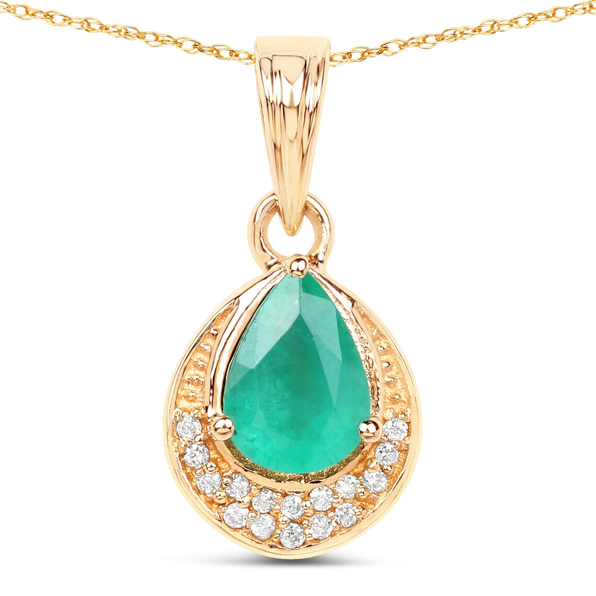 0.89 Carat Genuine Zambian Emerald and White Diamond 14K Yellow Gold Pendant