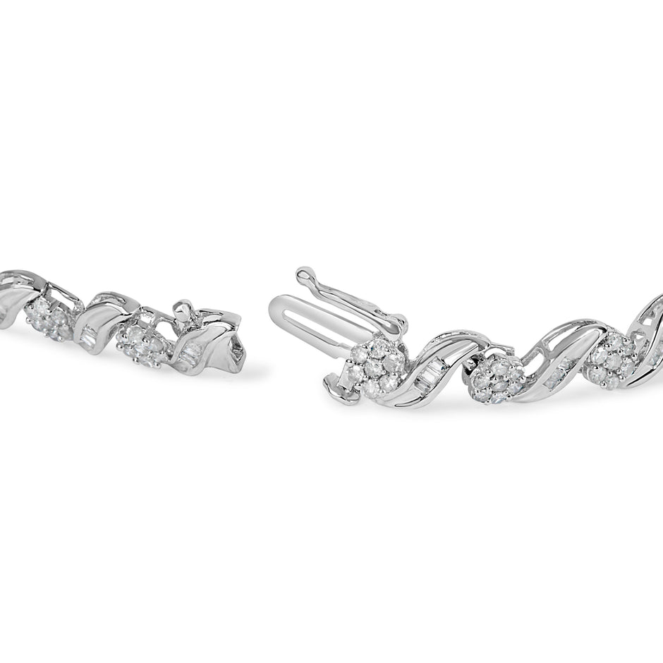 10K White Gold 2.00 Cttw Round-Cut and Baguette-Cut Diamond Floral Design Swirl Link 7