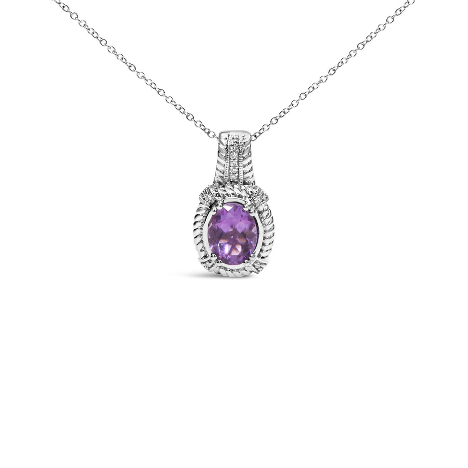 .925 Sterling Silver 9x7mm Oval Purple Amethyst and Round Diamond Accent Fashion Drop Pendant 18 Inch Necklace (I-J Color, I1-I2 Clarity)