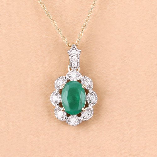 0.79 Carat Genuine Zambian Emerald and White Diamond 10K Yellow Gold Pendant - Pendants - Custom Crafting Alliance, LLC