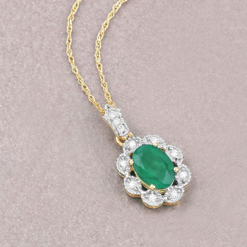 0.79 Carat Genuine Zambian Emerald and White Diamond 10K Yellow Gold Pendant - Pendants - Custom Crafting Alliance, LLC