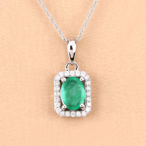 0.83 Carat Genuine Zambian Emerald and White Diamond 10K White Gold Pendant - Pendants - Custom Crafting Alliance, LLC