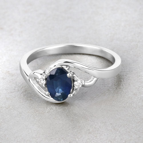 0.98 Carat Genuine Blue Sapphire and White Diamond 10K White Gold Ring - Rings - Custom Crafting Alliance, LLC