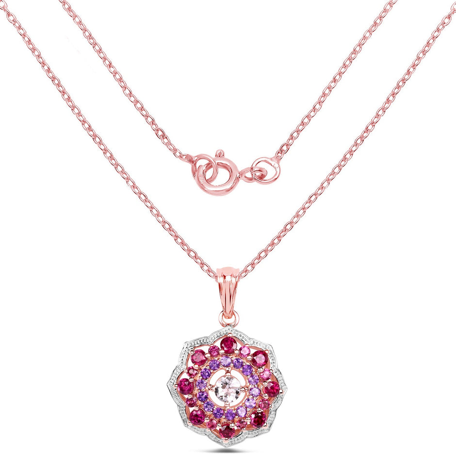 14K Rose Gold Plated 2.30 Carat Genuine Morganite, Rhodolite and Amethyst .925 Sterling Silver Pendant