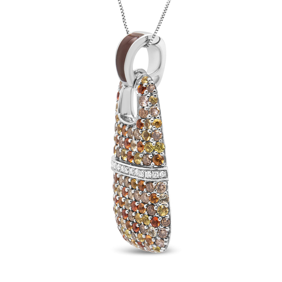 .925 Sterling Silver Brown Enamel 1 Cttw White and Brown Diamonds and  1.5mm Yellow and Orange Sapphire Gemstones Statement 18