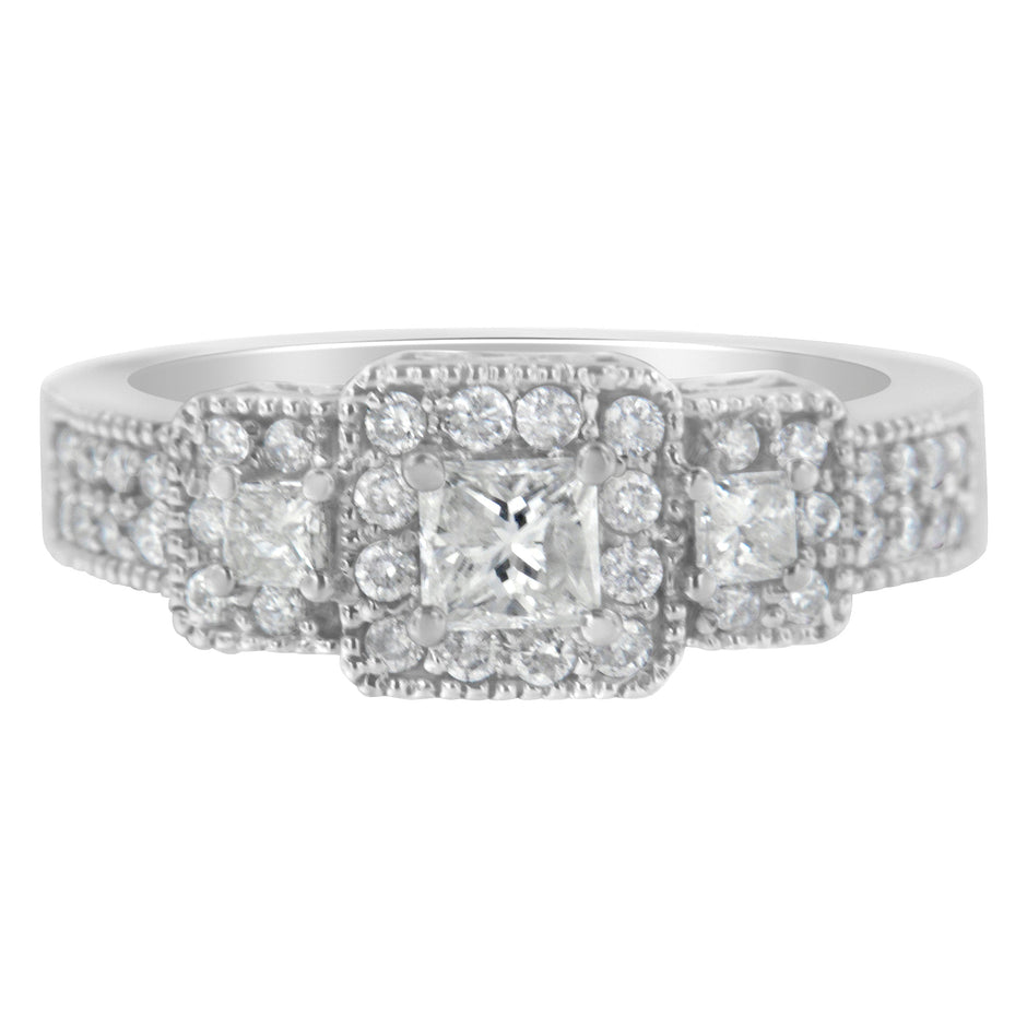 14K White Gold Round and Princess-Cut Diamond Three Stone Ring (1 Cttw, H-I Color, I1-I2 Clarity) - Size 7