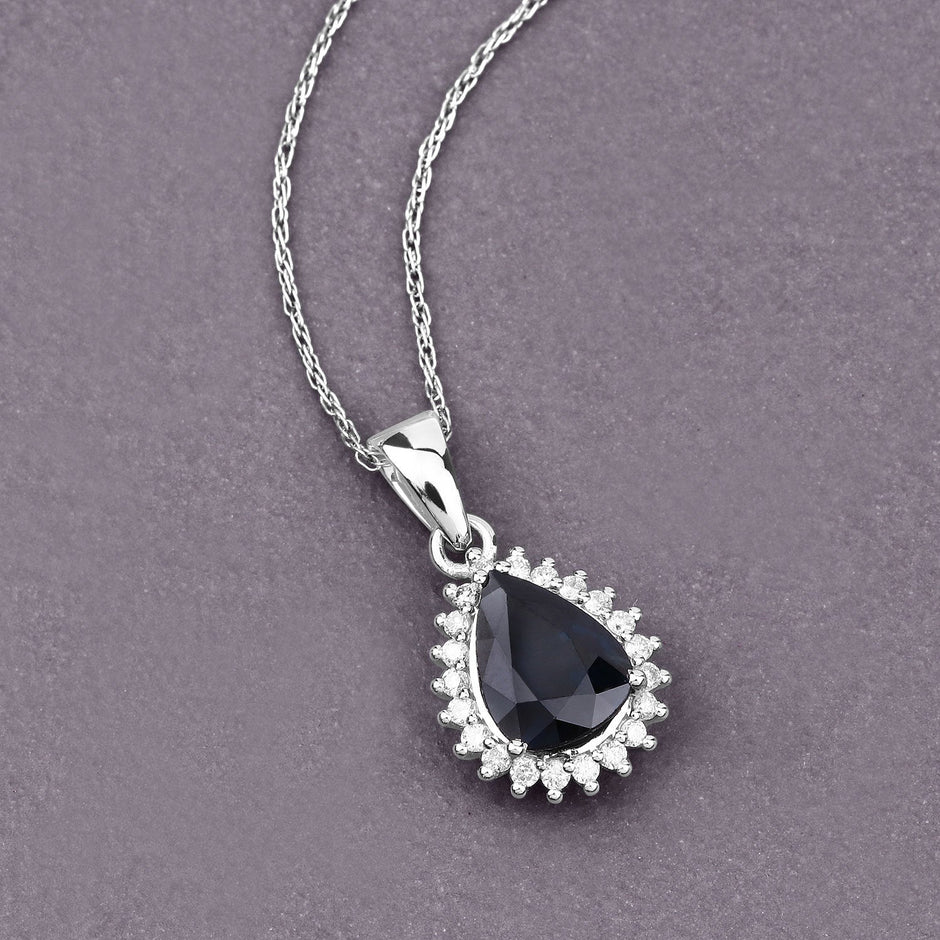 2.09 Carat Genuine Blue Sapphire and White Diamond 14K White Gold Pendant