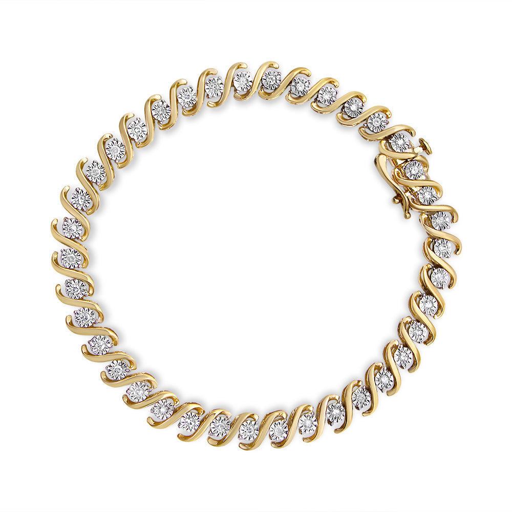 14K Yellow Gold Plated .925 Sterling Silver 1/2 Cttw Round Miracle-Set Diamond S-Curve Tennis Bracelet (I-J Color, I3 Clarity) - 7