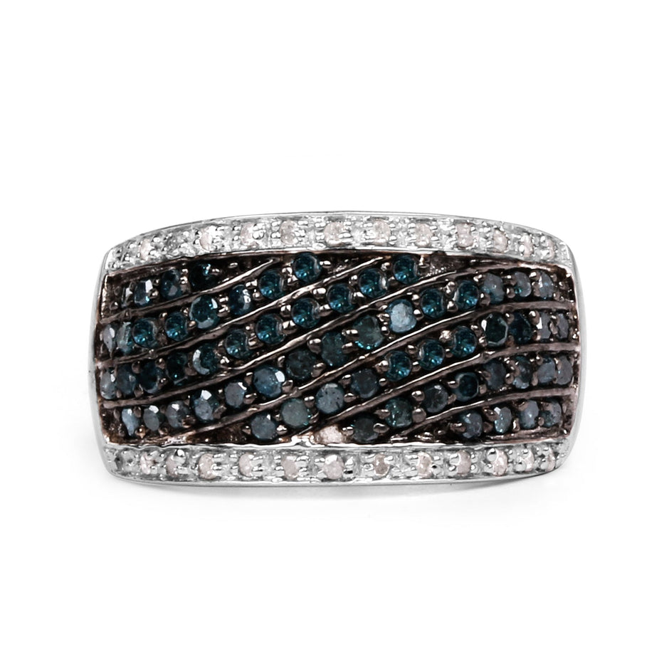 0.80 Carat Genuine Blue Diamond and White Diamond .925 Sterling Silver Ring