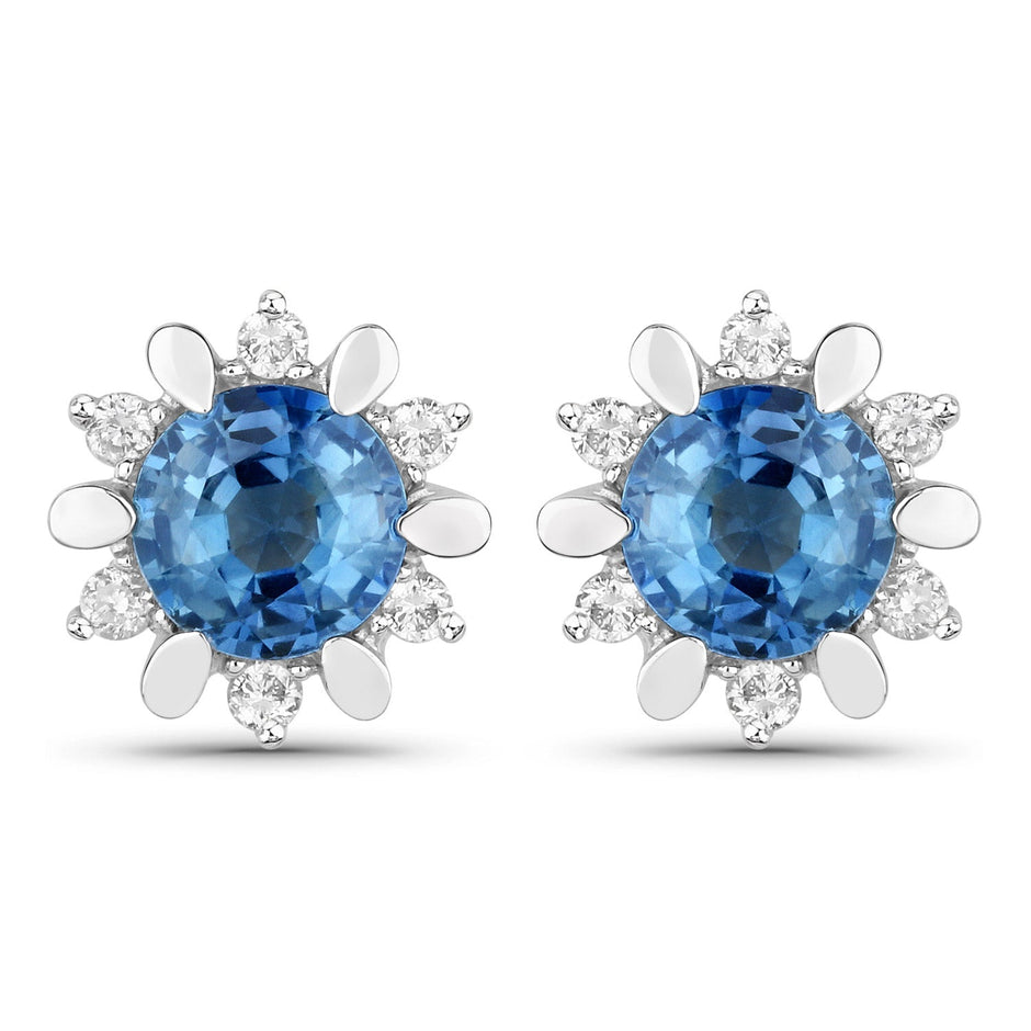 1.87 Carat Genuine Blue Sapphire and White Diamond 14K White Gold Earrings