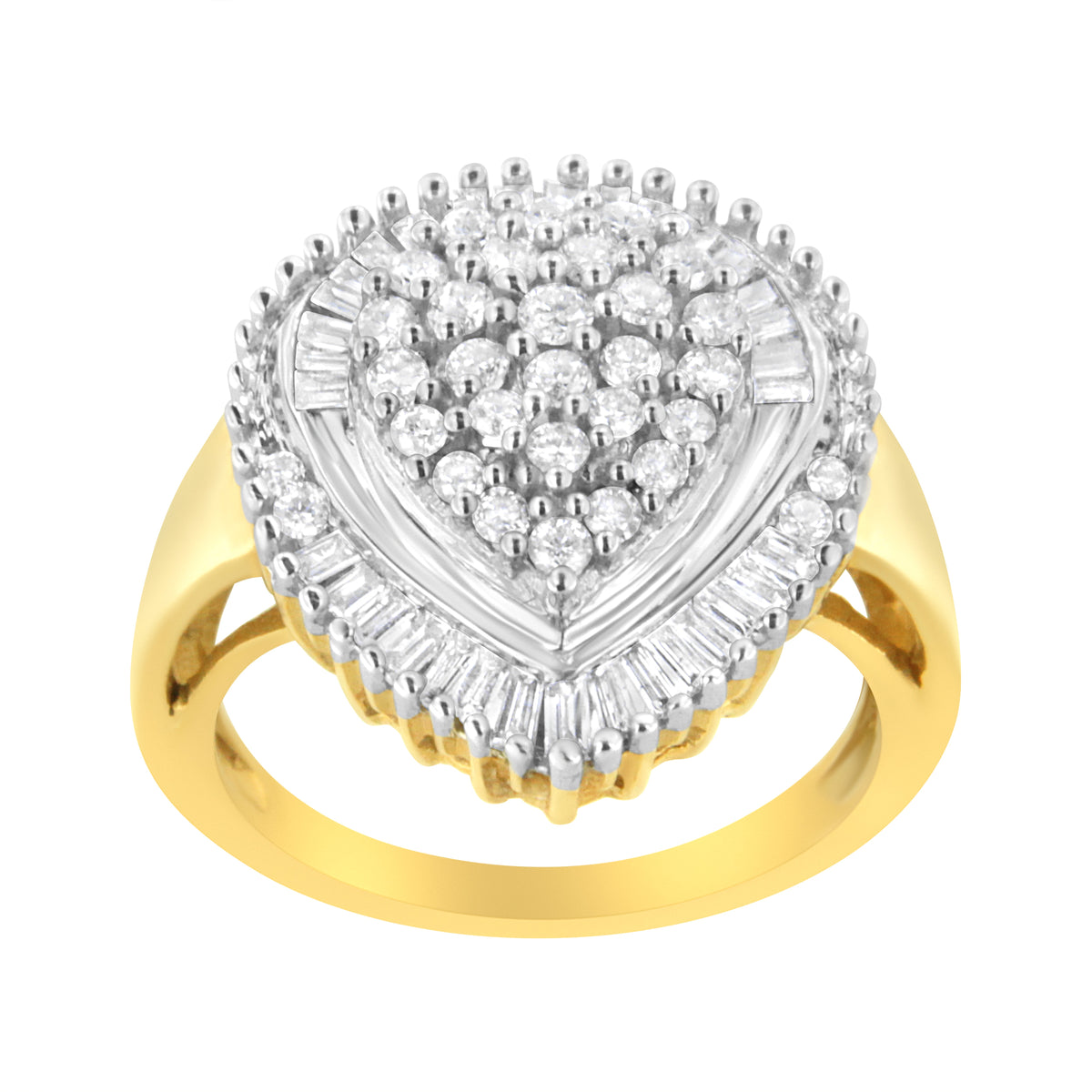 10K Yellow Gold 1.0 Cttw Round and Baguette Cut Diamond Oval Shaped Cluster Ring (I-J Color, I1-I2 Clarity) - Size 7