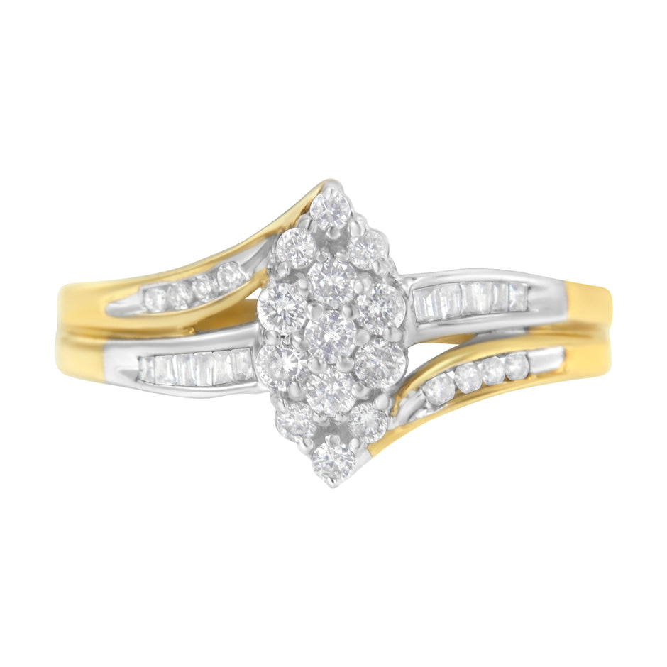 10K Yellow and White Gold 1/2 Cttw Diamond Marquise Shaped Cluster Split Shank Ring (H-I Color, SI2-I1 Clarity) - Size 7