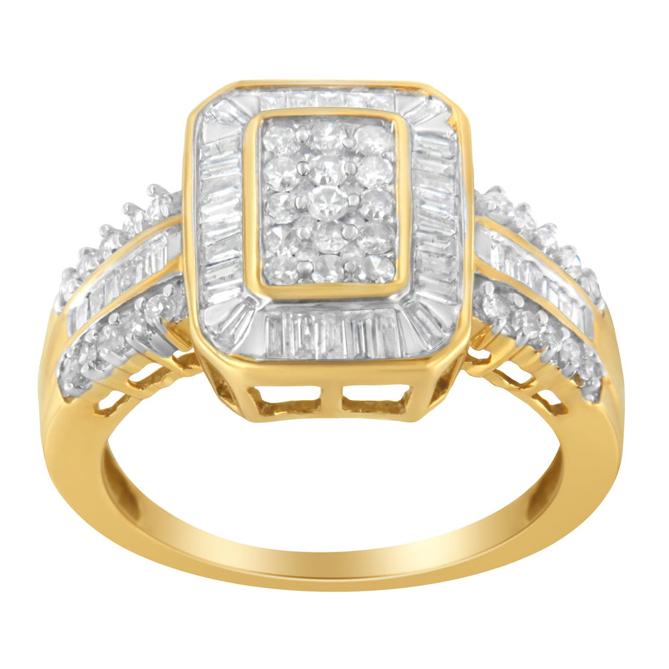 10K Yellow Gold Round and Baguette-Cut Diamond Cluster Ring (1.0 Cttw, I-J Color, SI1-SI2 Clarity) - Size 7