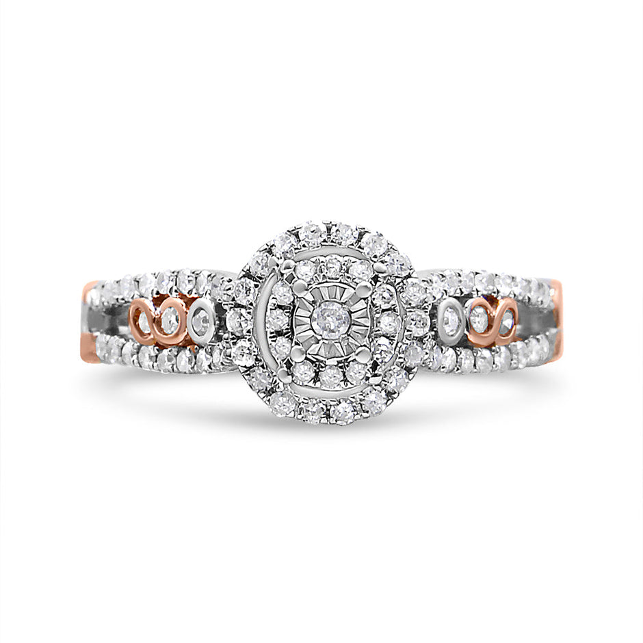 14K Rose Gold Plated .925 Sterling Silver 3/8 Cttw Round Diamond Double Frame Cross-Over Split Shank Engagement Ring (I-J Color, I2-I3 Clarity) - Size 7