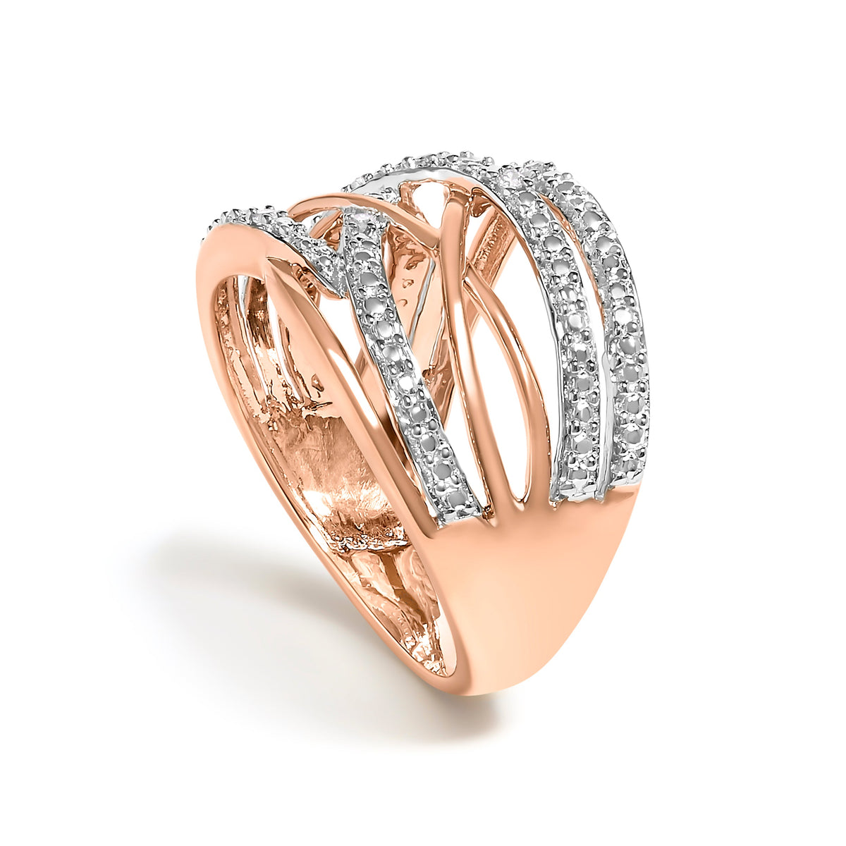 14K Rose Gold Plated .925 Sterling Silver Diamond Accent Crossover Ring (I-J Color, I2-I3 Clarity) - Ring Size 7