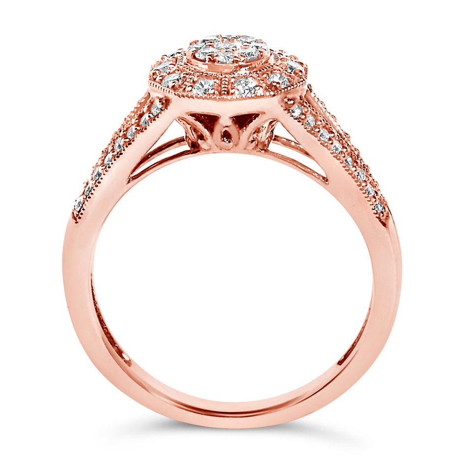 14K Rose Gold Plated .925 Sterling Silver 1/2 Cttw Pave Diamond Halo Cluster Split Shank Cocktail Ring (I-J Color, I1-I2 Clarity) - Size 6
