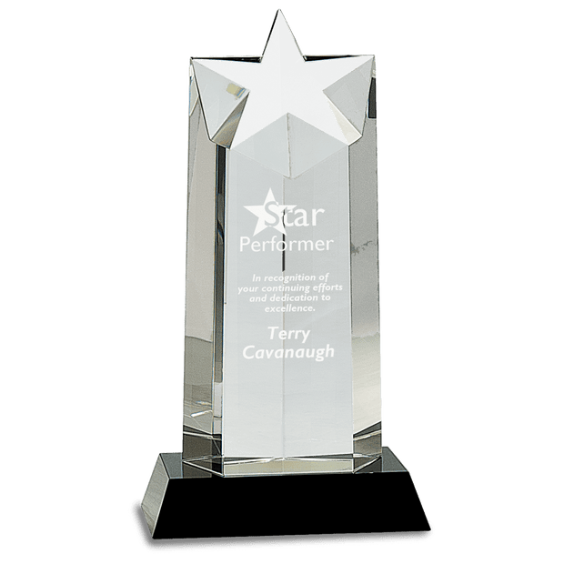 10 Optic Crystal Star Column On Black Pedestal Base - Award - Custom Crafting Alliance, LLC