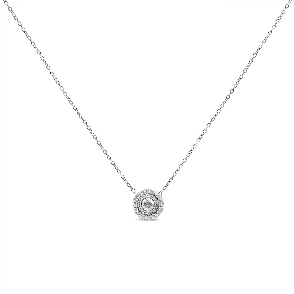 .925 Sterling Silver 1/2 Cttw Round Diamond Halo Circle Pendant 18