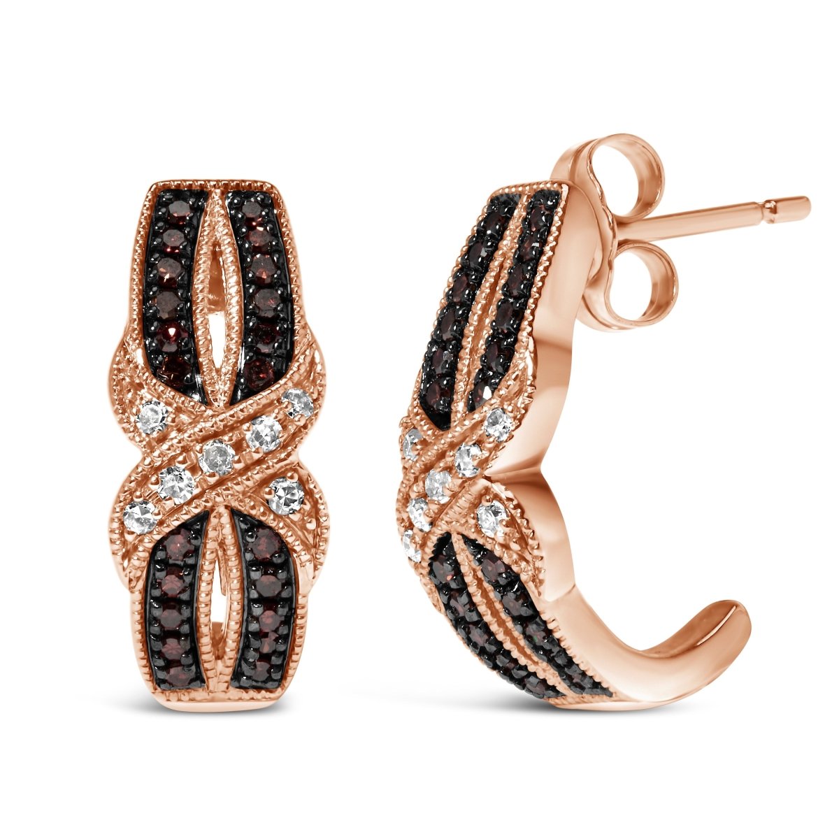 10K Rose Gold 1/3 Cttw White and Brown Diamond Milgrain Criss Cross J-Hoop Earrings (I-J Color, I1-I2 Clarity) - Earrings - Custom Crafting Alliance, LLC