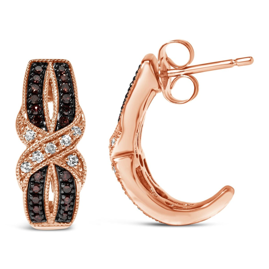 10K Rose Gold 1/3 Cttw White and Brown Diamond Milgrain Criss Cross J-Hoop Earrings (I-J Color, I1-I2 Clarity) - Earrings - Custom Crafting Alliance, LLC