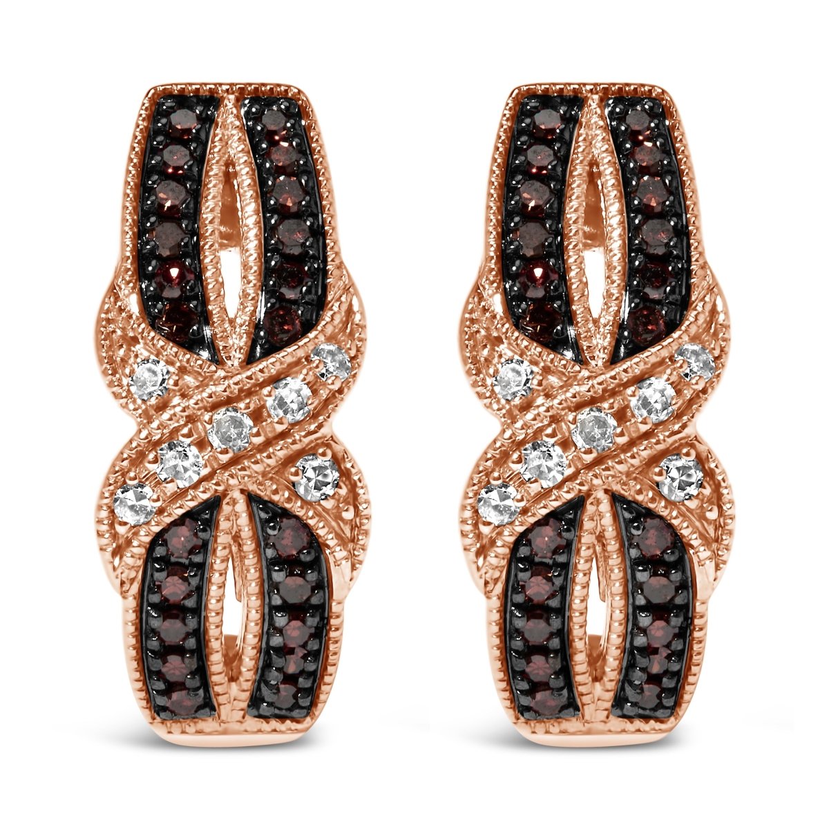10K Rose Gold 1/3 Cttw White and Brown Diamond Milgrain Criss Cross J-Hoop Earrings (I-J Color, I1-I2 Clarity) - Earrings - Custom Crafting Alliance, LLC