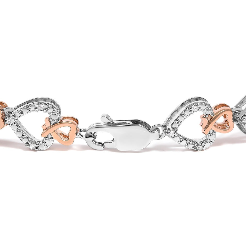 10K Rose Gold Plated Sterling Silver 1/4 Cttw Diamond Heart Link Bracelet - Bracelets - Custom Crafting Alliance, LLC