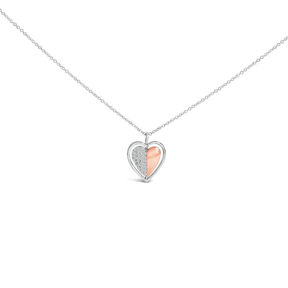 10K Rose Gold Plated Sterling Silver 1/5 Cttw Diamond Two-Tone Heart Pendant Necklace - Necklaces - Custom Crafting Alliance, LLC
