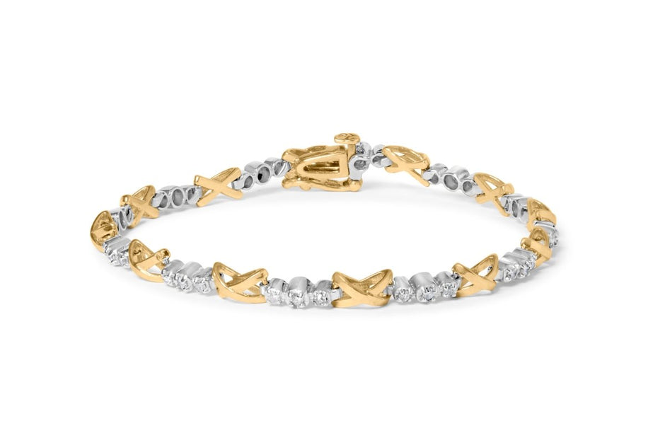 10K Two-Tone Gold 1/2 Cttw Diamond Alternating 3 Stone and X-Link 7" Bracelet (I-J Color, I2-I3 Clarity) - Bracelets - Custom Crafting Alliance, LLC