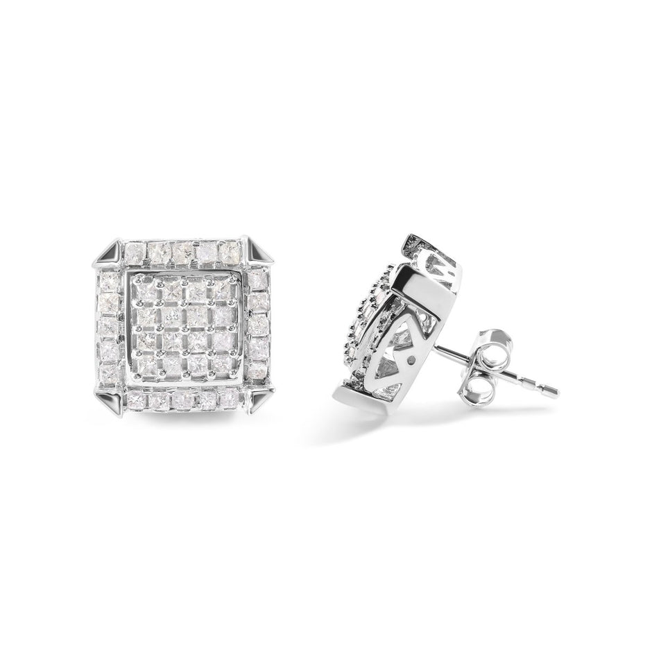 10K White Gold 1 1/10 Cttw Princess Diamond Composite and Halo Stud Earrings (I-J Color, I1-I2 Clarity) - Earrings - Custom Crafting Alliance, LLC