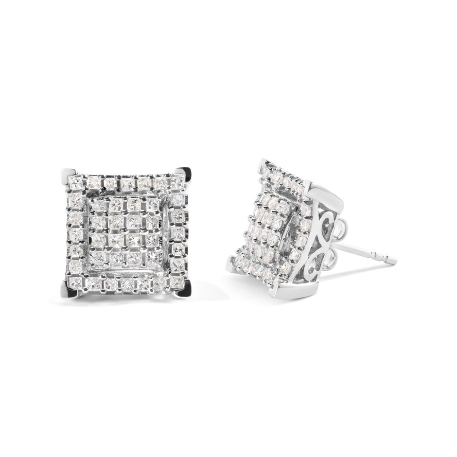 10K White Gold 1 1/4 Cttw Princess Diamond Composite Double Square and Halo Stud Earrings (I-J Color, I1-I2 Clarity) - Earrings - Custom Crafting Alliance, LLC