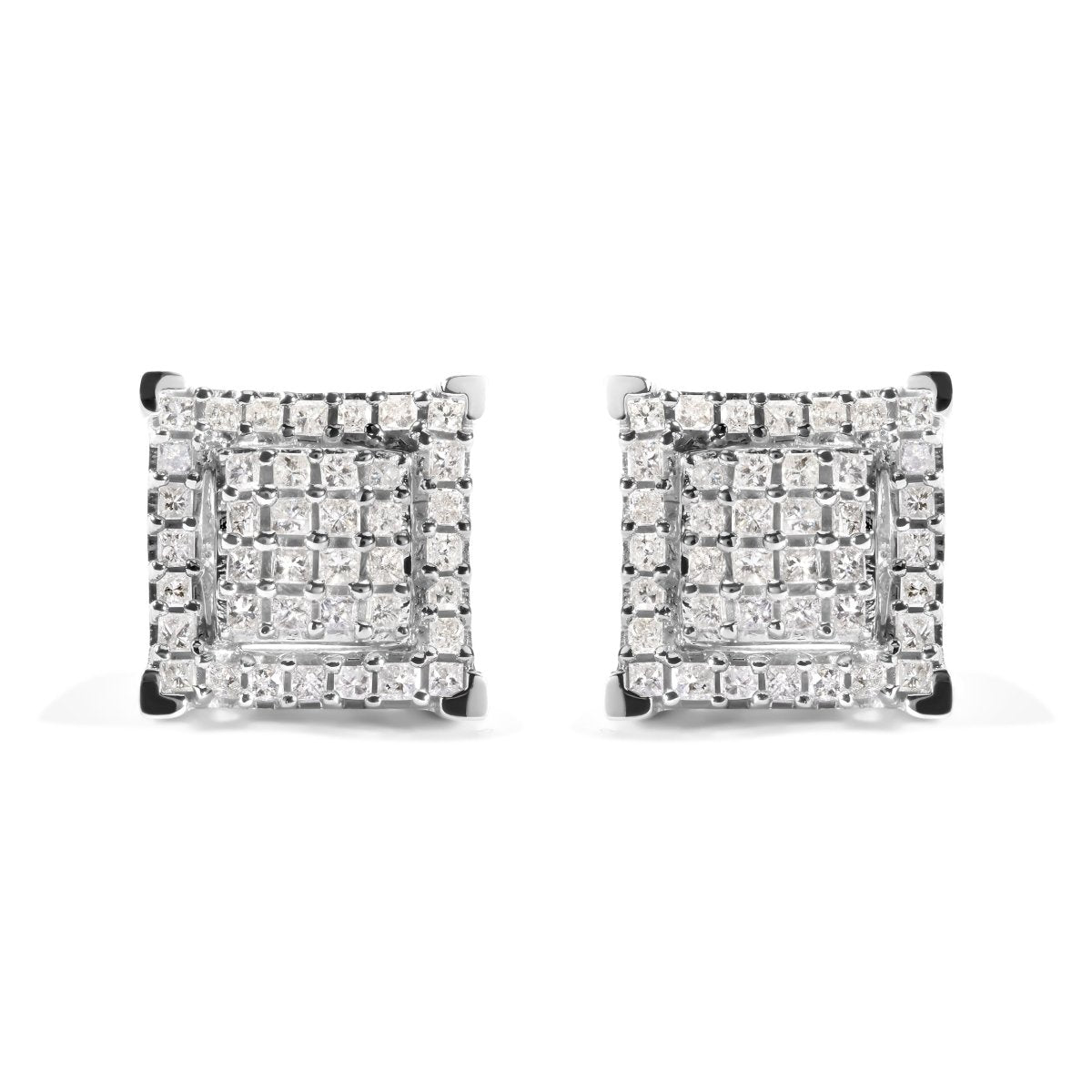 10K White Gold 1 1/4 Cttw Princess Diamond Composite Double Square and Halo Stud Earrings (I-J Color, I1-I2 Clarity) - Earrings - Custom Crafting Alliance, LLC
