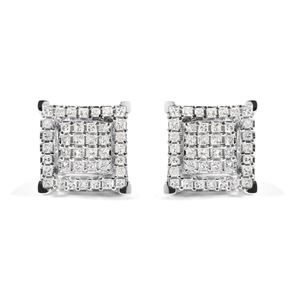 10K White Gold 1 1/4 Cttw Princess Diamond Composite Double Square and Halo Stud Earrings (I-J Color, I1-I2 Clarity) - Earrings - Custom Crafting Alliance, LLC