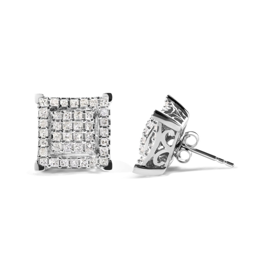 10K White Gold 1 1/4 Cttw Princess Diamond Composite Double Square and Halo Stud Earrings (I-J Color, I1-I2 Clarity) - Earrings - Custom Crafting Alliance, LLC