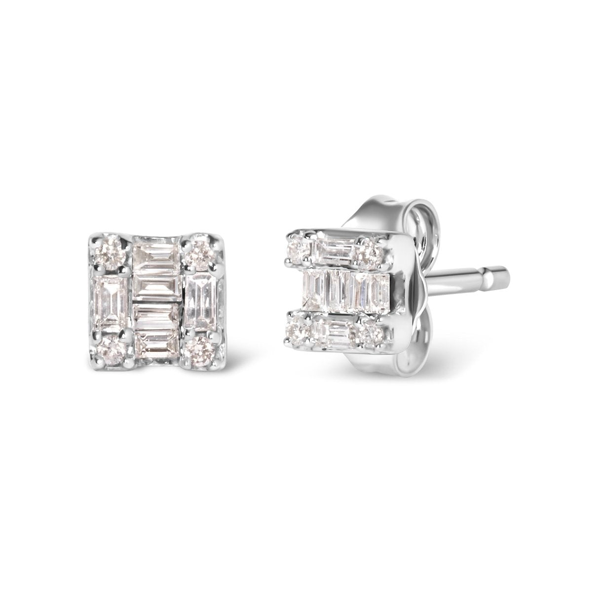 10K White Gold 1/7 Cttw Round and Baguette Diamond Mosaic Square Stud Earrings (H-I Color, I1-I2 Clarity) - Earrings - Custom Crafting Alliance, LLC