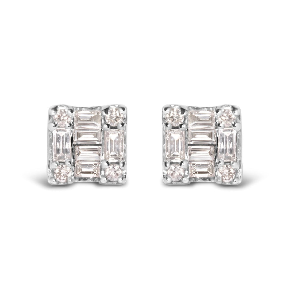 10K White Gold 1/7 Cttw Round and Baguette Diamond Mosaic Square Stud Earrings (H-I Color, I1-I2 Clarity) - Earrings - Custom Crafting Alliance, LLC