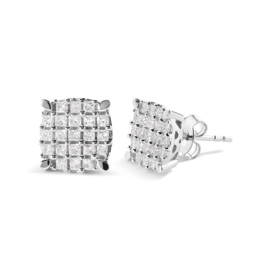 10K White Gold 3/4 Cttw Princess Diamond Composite Cushion Shape Stud Earrings (I-J Color, I1-I2 Clarity) - Earrings - Custom Crafting Alliance, LLC
