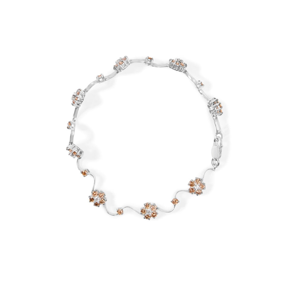 10K White Gold 4.0 Cttw Champagne and White Diamond Floral Cluster and Station Link Bracelet (H-I Color, SI2-I1 Clarity) - 7