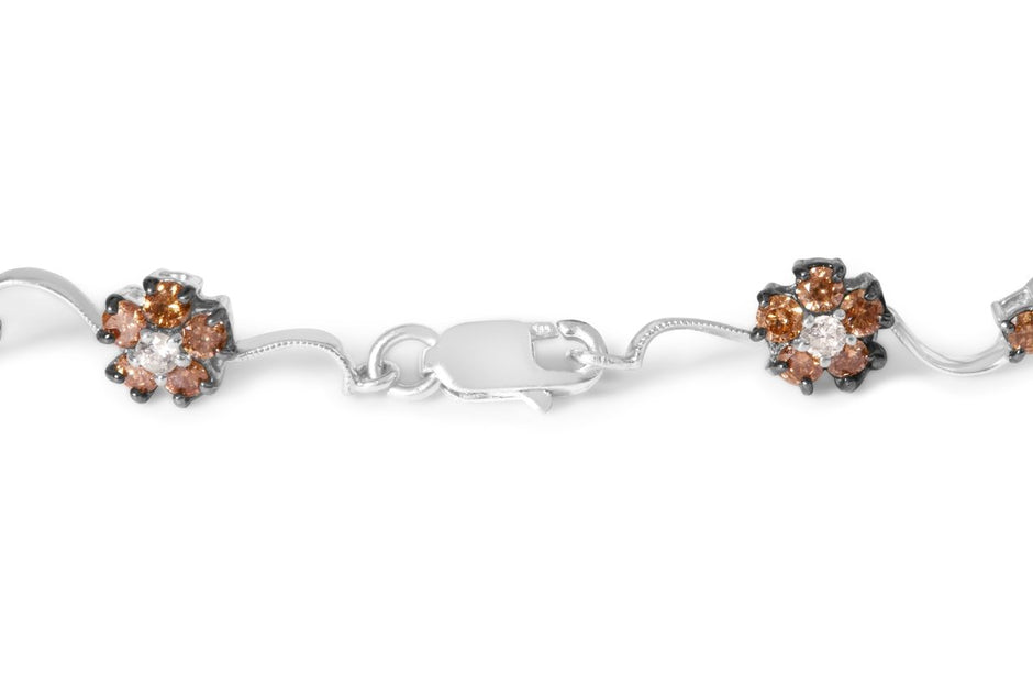 10K White Gold 4.0 Cttw Champagne and White Diamond Floral Cluster and Station Link Bracelet (H-I Color, SI2-I1 Clarity) - 7