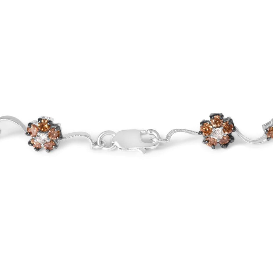 10K White Gold 4.0 Cttw Champagne and White Diamond Floral Cluster and Station Link Bracelet (H-I Color, SI2-I1 Clarity) - 7