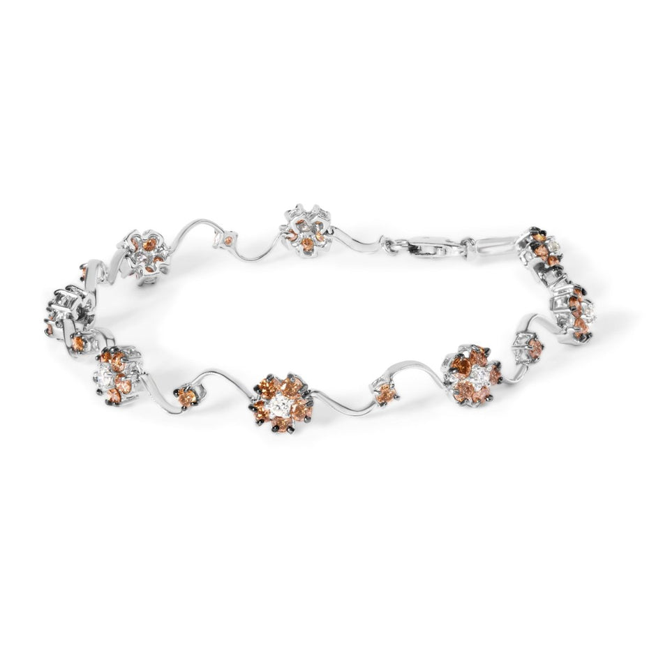 10K White Gold 4.0 Cttw Champagne and White Diamond Floral Cluster and Station Link Bracelet (H-I Color, SI2-I1 Clarity) - 7" Inches - Bracelets - Custom Crafting Alliance, LLC