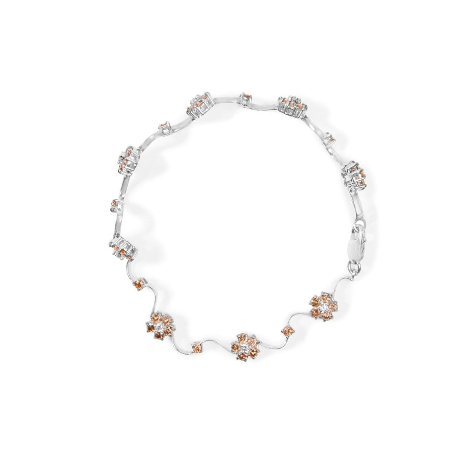 10K White Gold 4.0 Cttw Champagne and White Diamond Floral Cluster and Station Link Bracelet (H-I Color, SI2-I1 Clarity) - 7